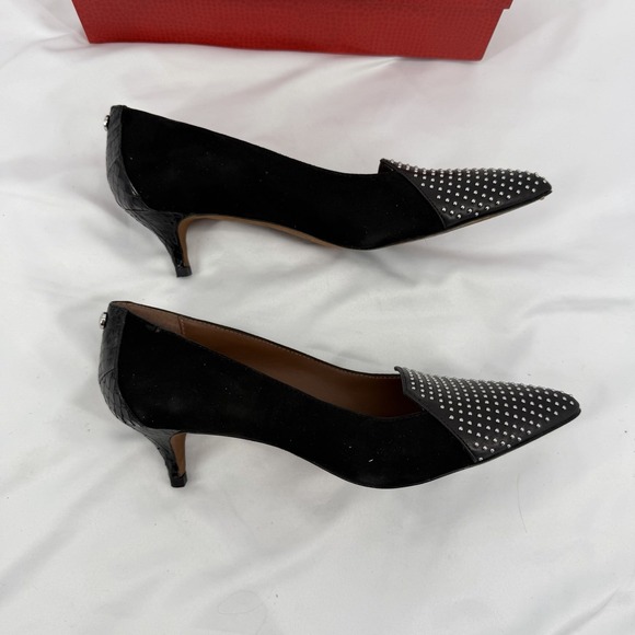 Donald J. Pliner 7.5M Black Baby Calf Suede Leather Studded Pointed Toe Heels - Picture 6 of 9
